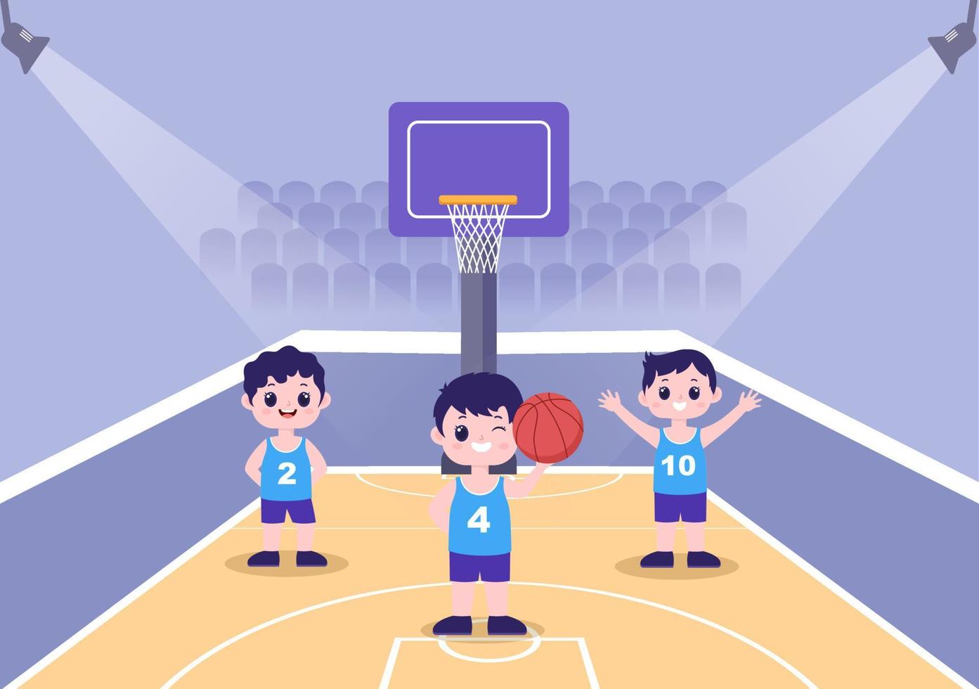 glückliche Kinderkarikatur, die Basketball flache Designillustration spielt, die Korbuniform im Außengericht für Hintergrund, Plakat oder Fahne trägt vektor