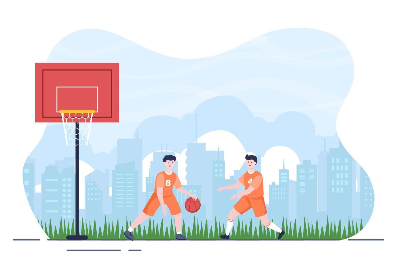 glad ung man spelar basket platt designillustration klädd i korguniform på utomhusbanan för bakgrund, affisch eller banderoll vektor