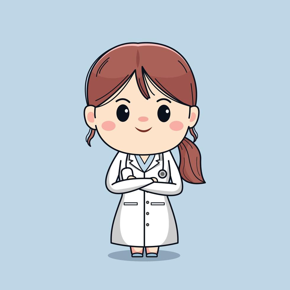 Illustration der schönen Ärztin mit Stethoskop. süßes Kawaii-Charakterdesign. vektor