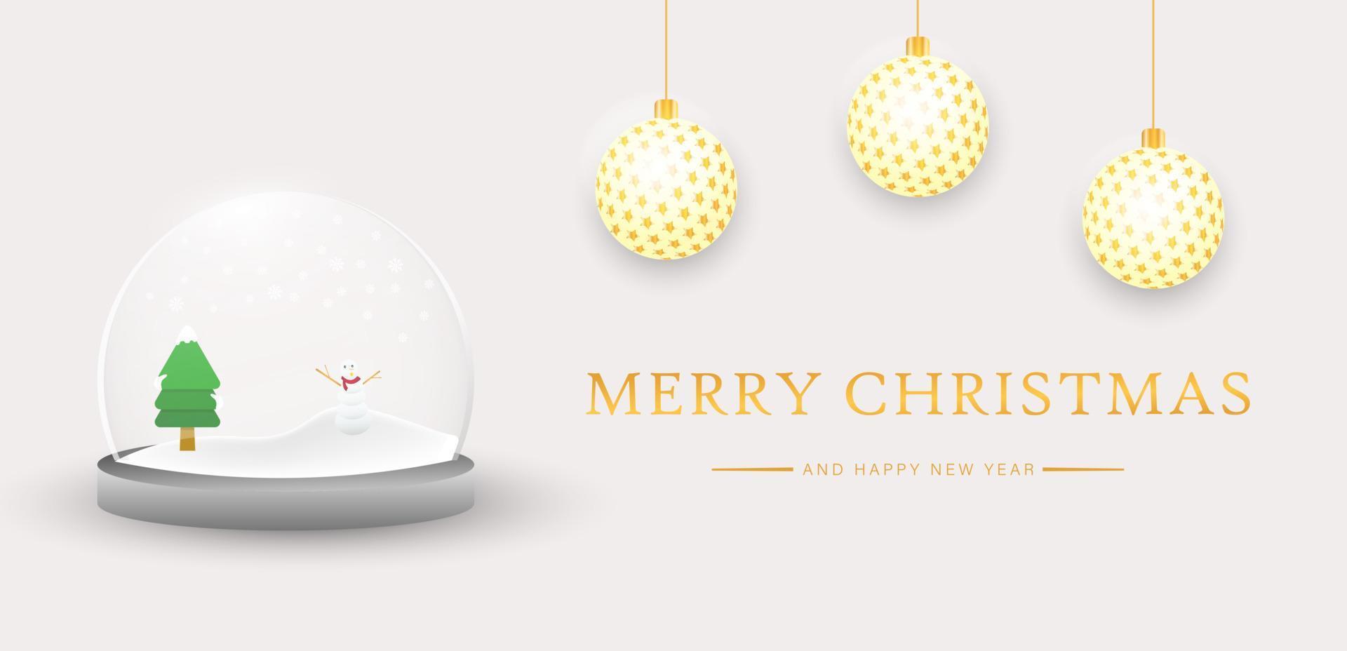 merry christmas banner vektor bakgrundsdesign med guld bokstäver, plus glas snöboll design