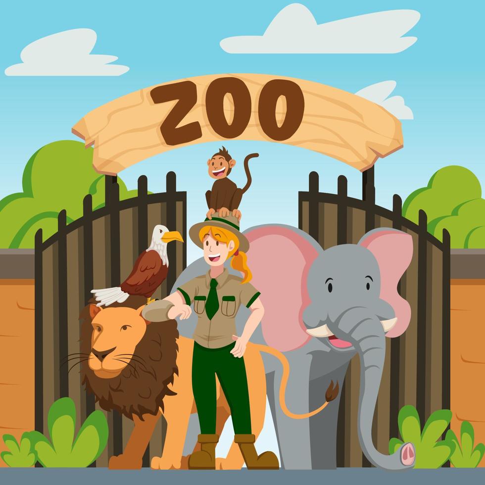 Tierpfleger steht mit Tieren vor dem Zoo vektor