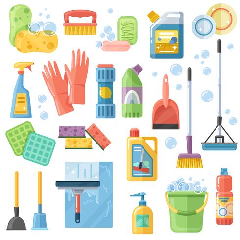 Cleaning SuppliesTools Flache Icons Set vektor