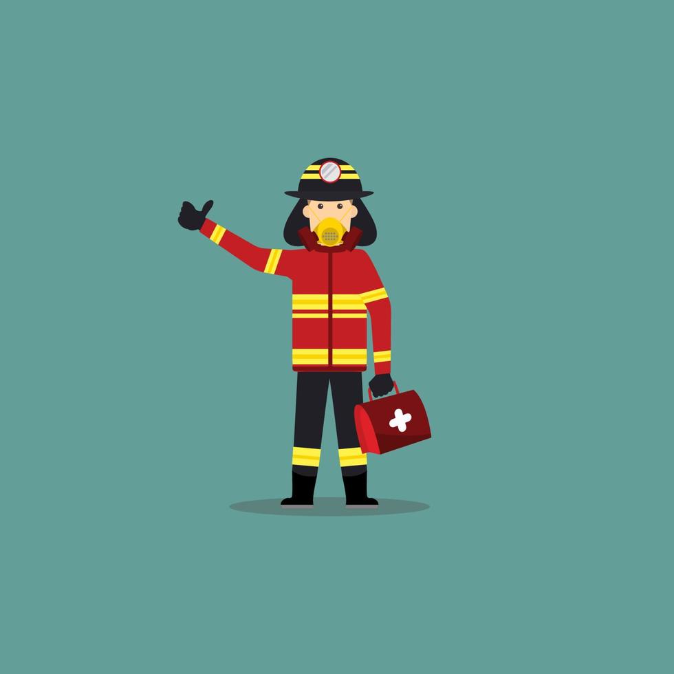 Cartoon-Illustration von Feuerwehrmann hält ein medizinisches Kit vektor