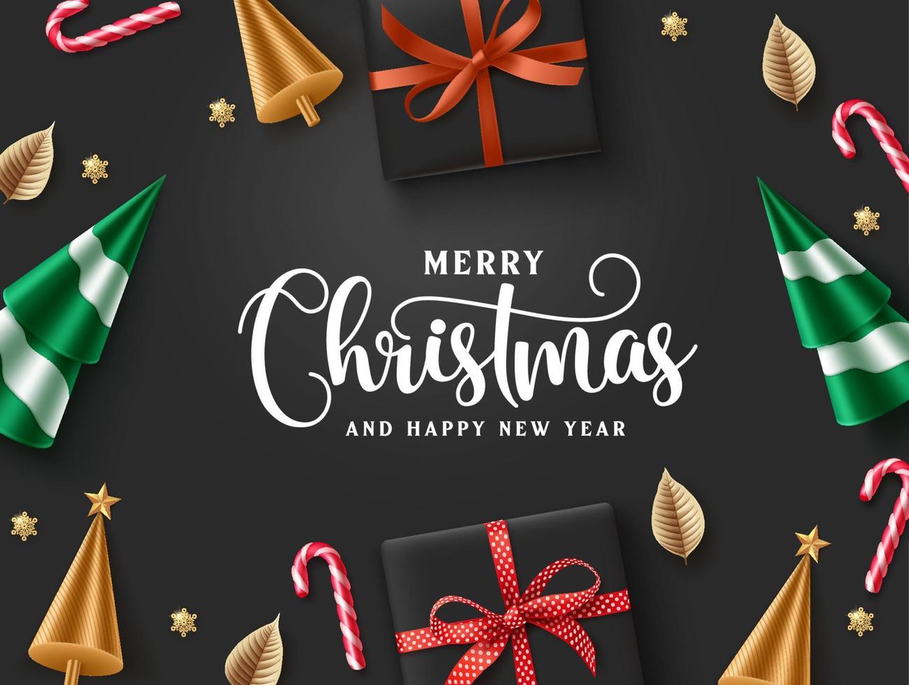 Weihnachten-Vektor-Hintergrund-Design. Frohe Weihnachten-Grußtext mit Weihnachtsornamenten und Elementen für die Weihnachtskartendekoration in schwarzem, elegantem Hintergrund. Vektor-Illustration. vektor