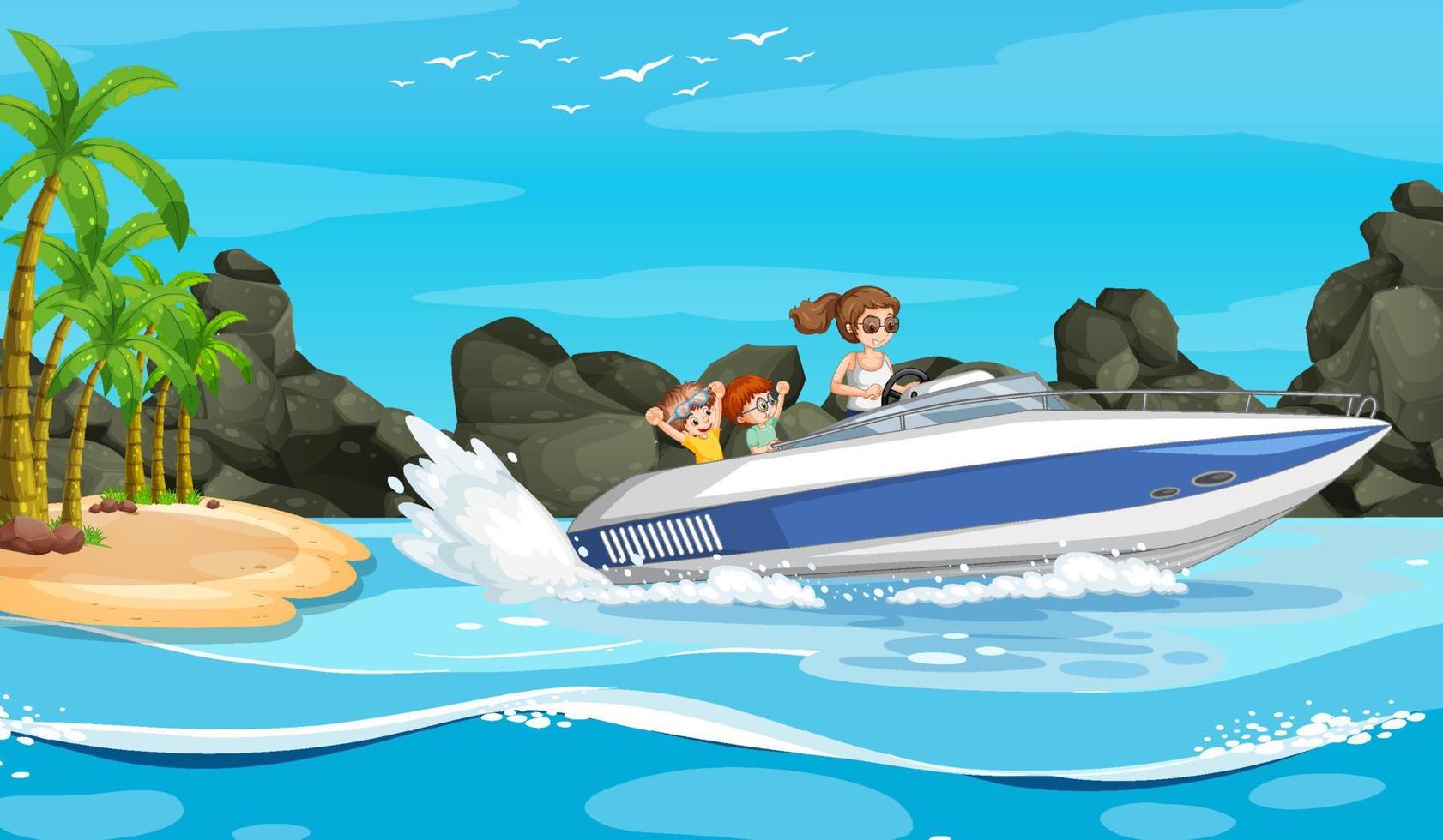 Ozeanlandschaft mit einer Frau, die ein Schnellboot fährt, und Kindern vektor