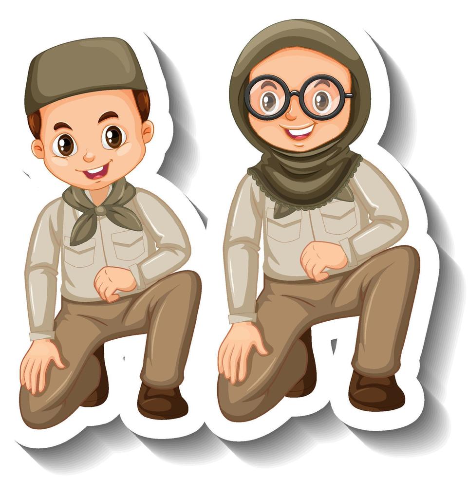 Paar muslimische Kinder tragen Safari-Outfit-Cartoon-Charakter-Aufkleber vektor