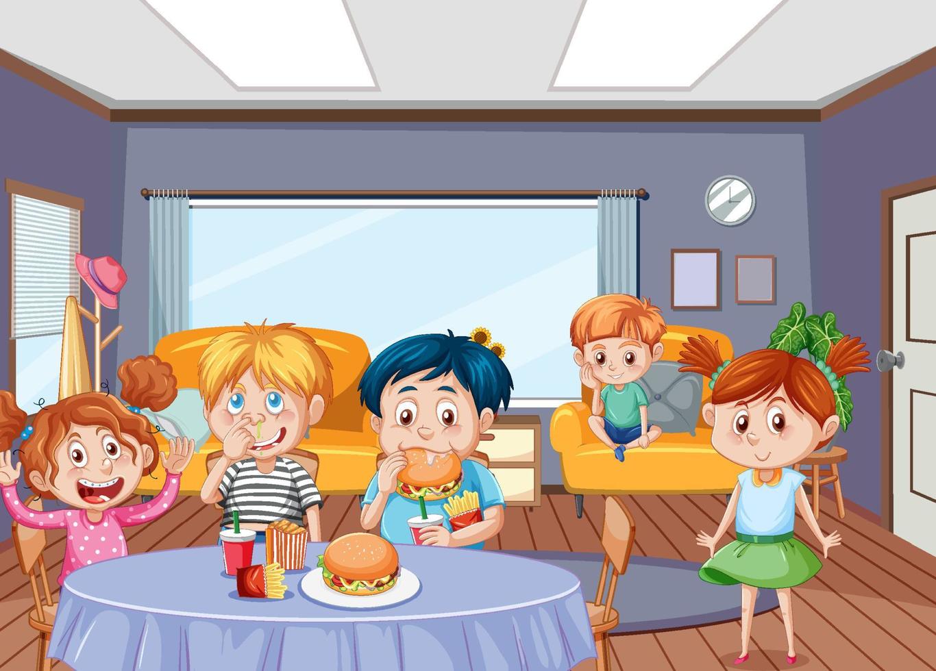 Kinder beim gemeinsamen Essen in der Raumszene vektor