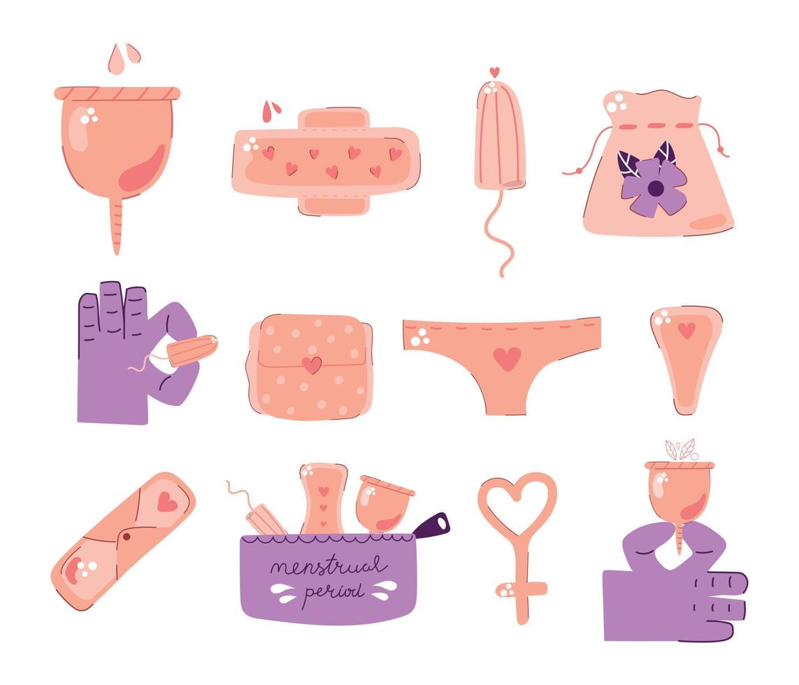 Handgezeichnete Damenhygieneartikel, Menstruationsperiode, Tampon, Frauenpolster, Menstruationstasse. vektor