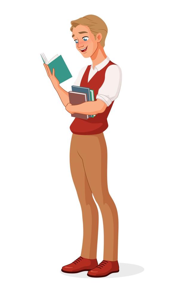 junger Mann, der ein interessantes Buch liest. Cartoon-Vektor-Illustration isoliert auf weißem Hintergrund. vektor