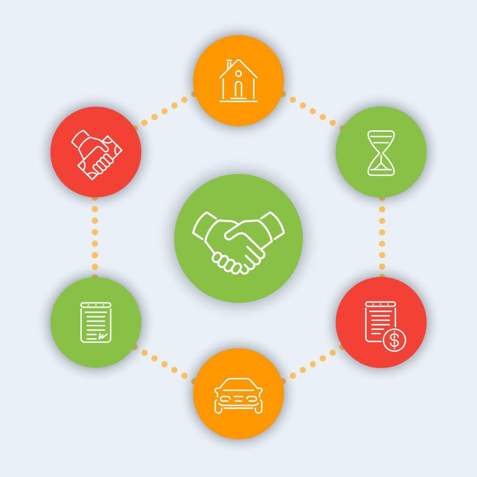 Symbole für Leasinglinien, Banken, Kredite, Kredite, Leasingpiktogramme, runde Farbsymbole, Vektorillustration vektor