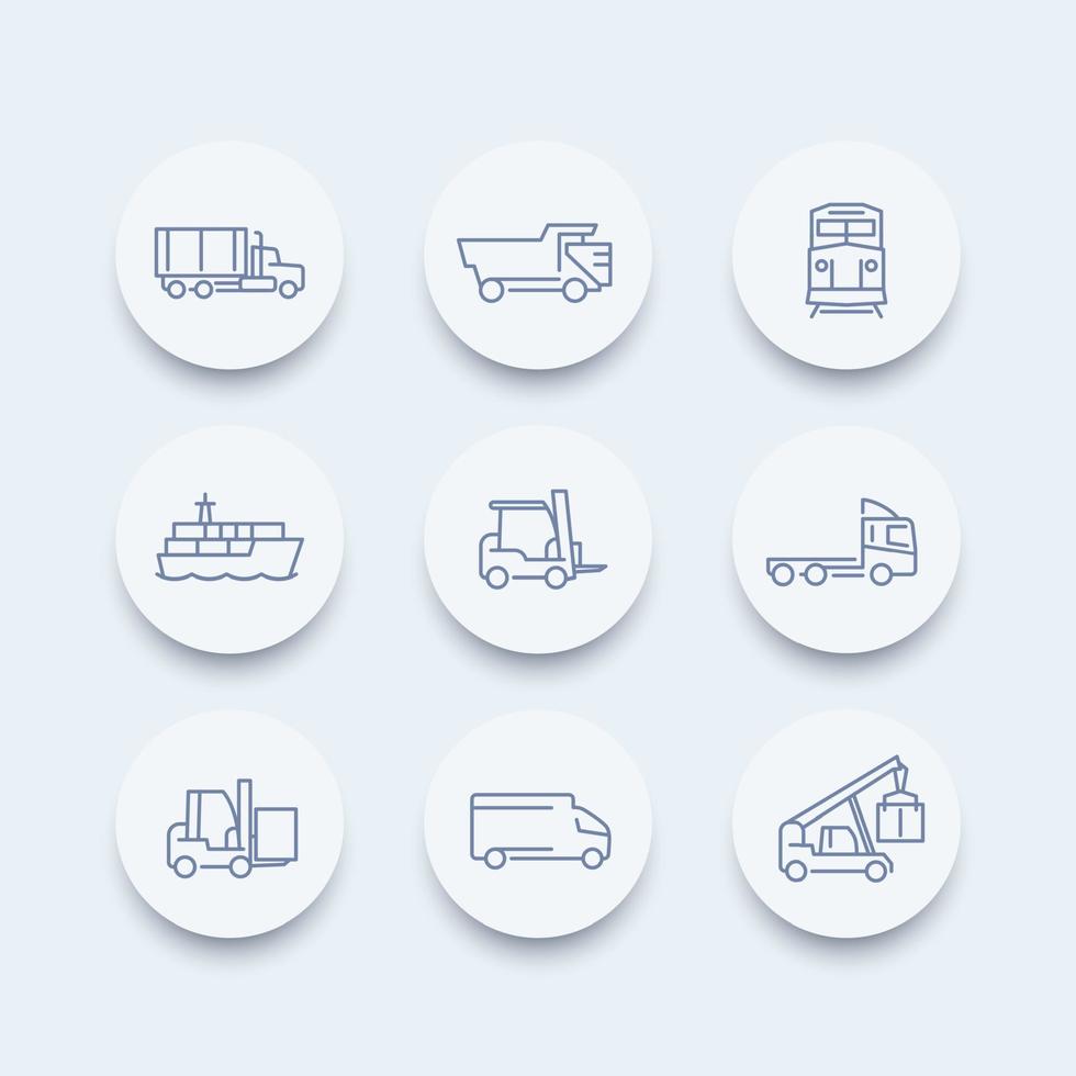 Transportliniensymbole, Gabelstapler, Frachtschiff, Güterzug, rundes Symbol für Lastkraftwagen, Transportpiktogramme, Vektorillustration vektor
