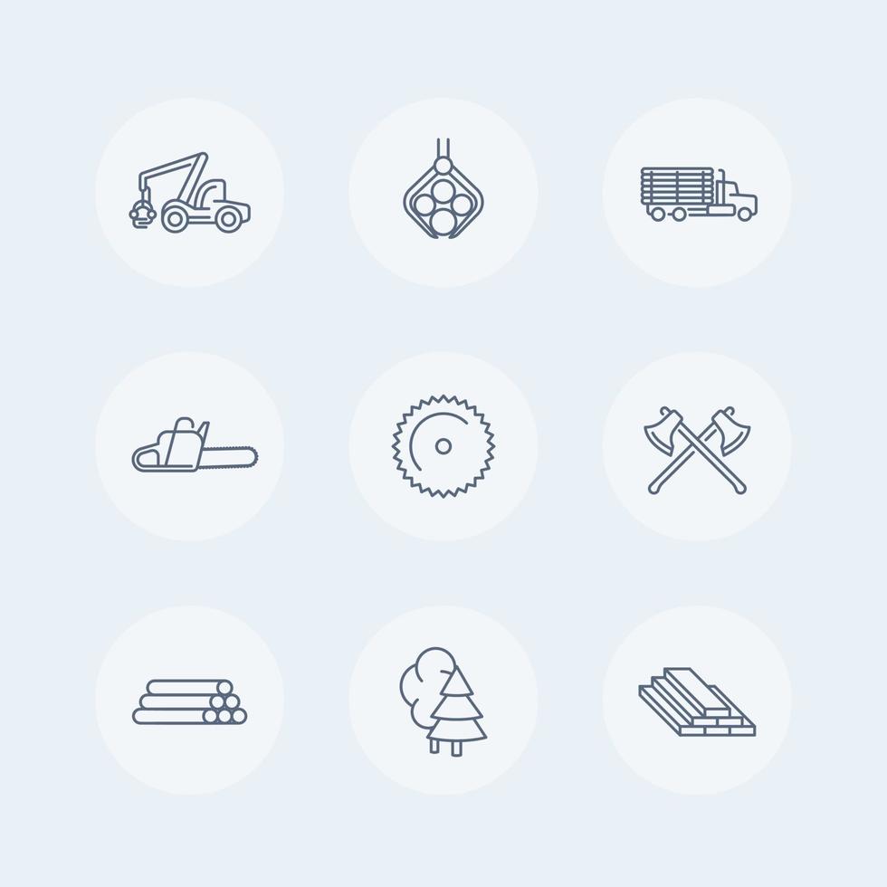 Protokollierungsliniensymbole, Forstwirtschaft, Holz, Baumerntemaschine, Holzfäller, LKW mit Holzsymbolen eingestellt, Vektorillustration vektor