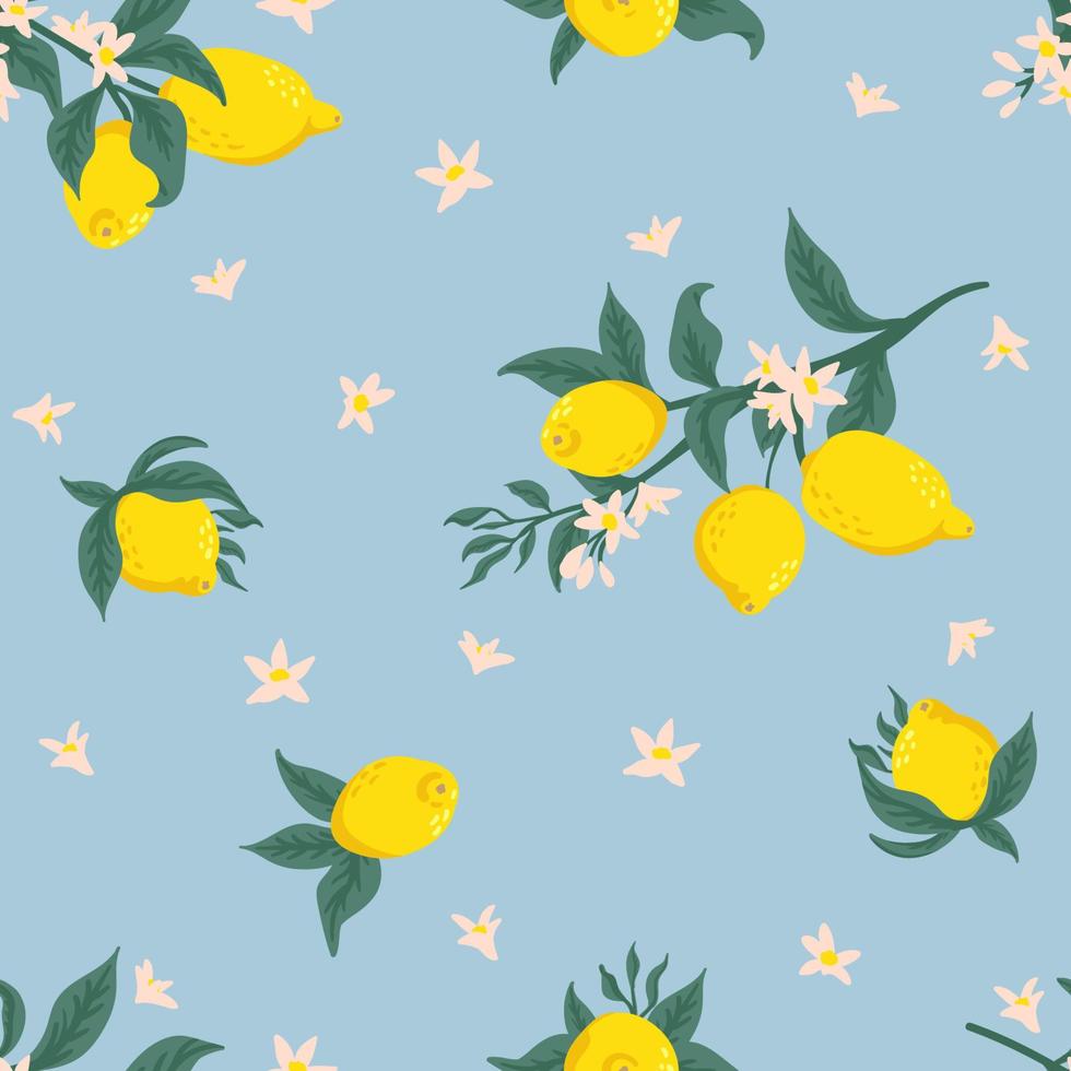 sommar tropiska sömlösa mönster med färgglada citroner och flowers.vector citrusfrukter bakgrund. modern exotisk blomdesign för papper, omslag, tyg, inredning och andra användare. vektor