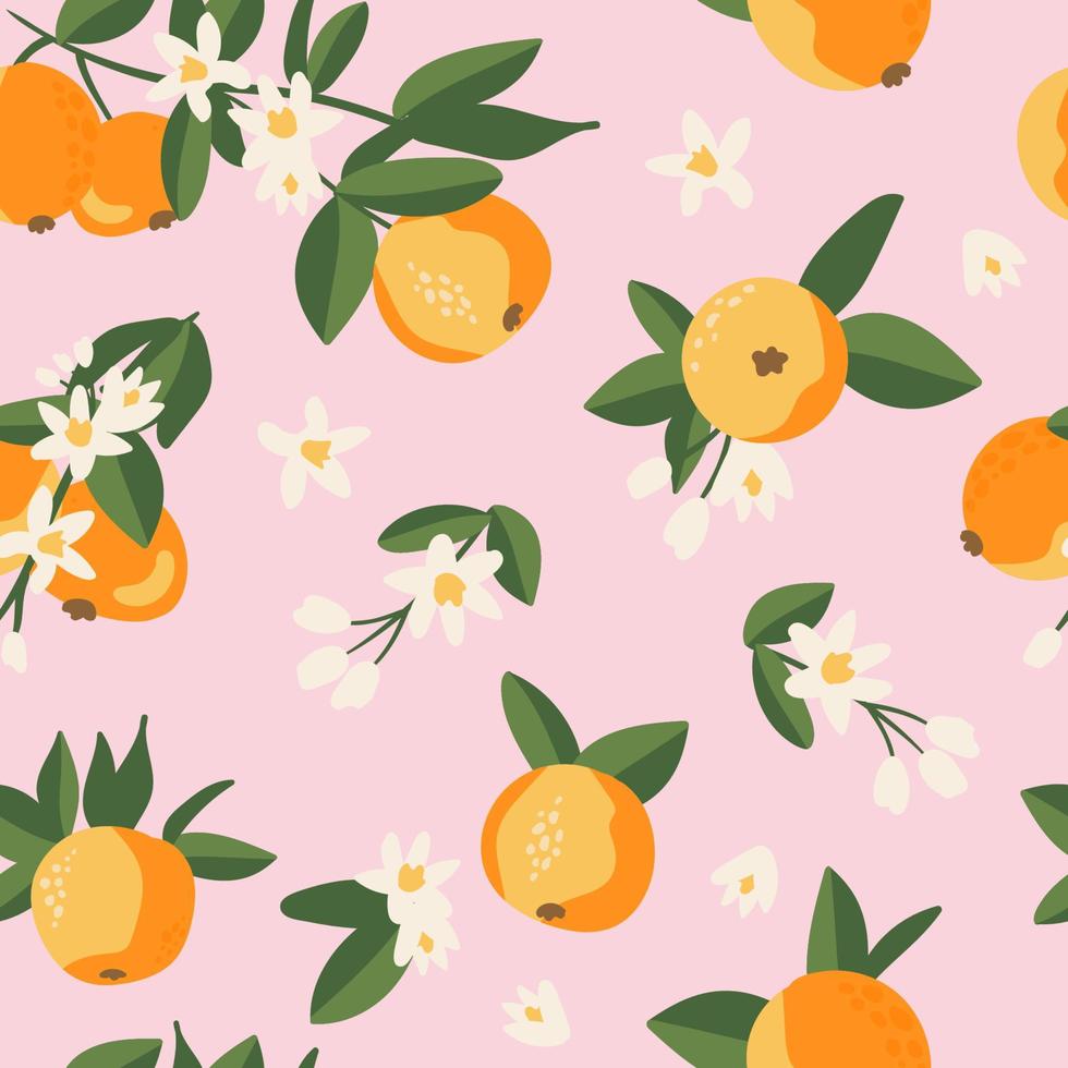 Sommer tropisches nahtloses Muster mit bunten Orangen und flowers.vector Zitrusfrüchte Hintergrund. modernes exotisches Blumendesign für Papier, Einband, Stoff, Inneneinrichtung und andere Benutzer. vektor