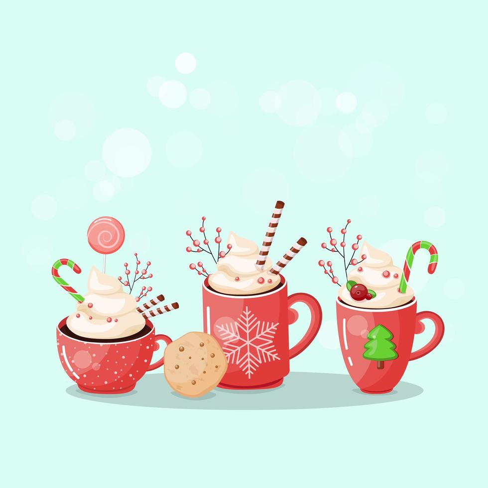 Tasse heißer Schokolade. Weihnachtsgetränk auf Winterhintergrund. rote Tasse Kakao zum Mitnehmen. Saisonbanner. vektor