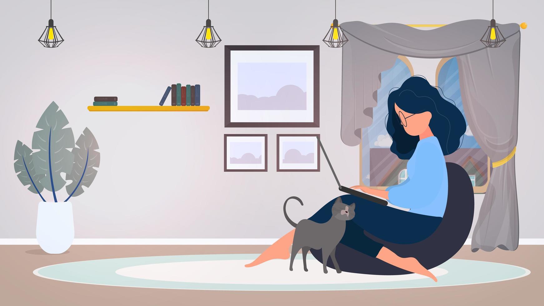 das mädchen sitzt auf einem hocker und arbeitet an einem laptop. Eine Frau mit einem Laptop sitzt auf einem großen Sitzpuff. die Katze reibt am Bein des Mädchens. das Konzept des komfortablen Arbeitens im Büro oder zu Hause. Vektor. vektor