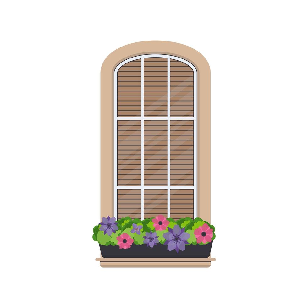 halbrundes Fenster mit Blumen im flachen Stil. Fenster mit Rollläden. Vektor