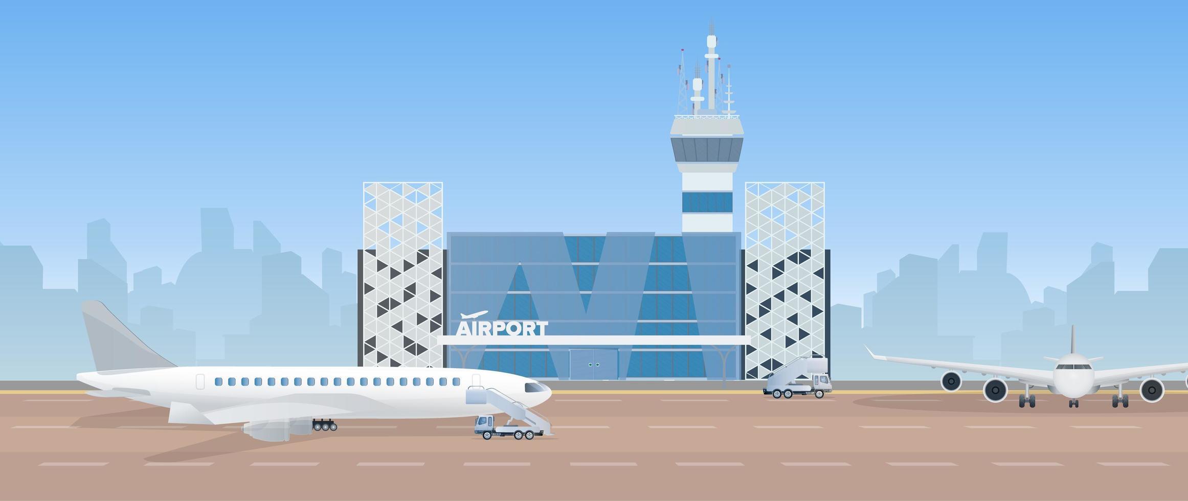 modern flygplats. landningsbanan. flygplan på banan. flygplats i platt stil. stadssiluett. vektor illustration