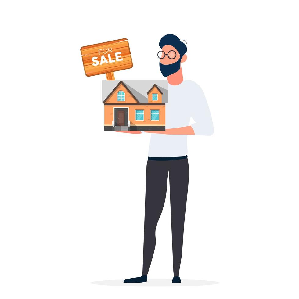 Der Typ bietet an, ein Haus zu kaufen. Verkauf eines Hauses oder einer Immobilie. zu verkaufen Zeichen. Vektor. vektor