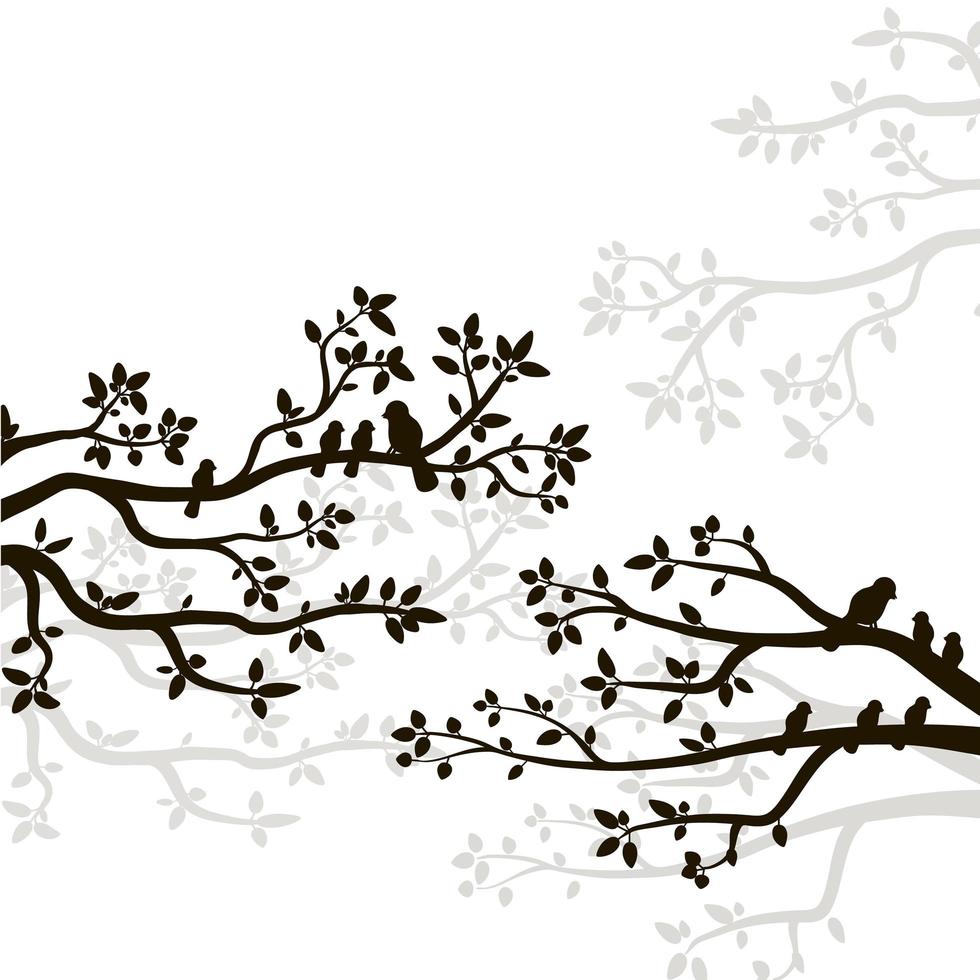 Vektorsilhouette von Frühlingsvögeln, die auf einem Baumzweig sitzen. dekorativer baumzweig mit vögeln. vektor