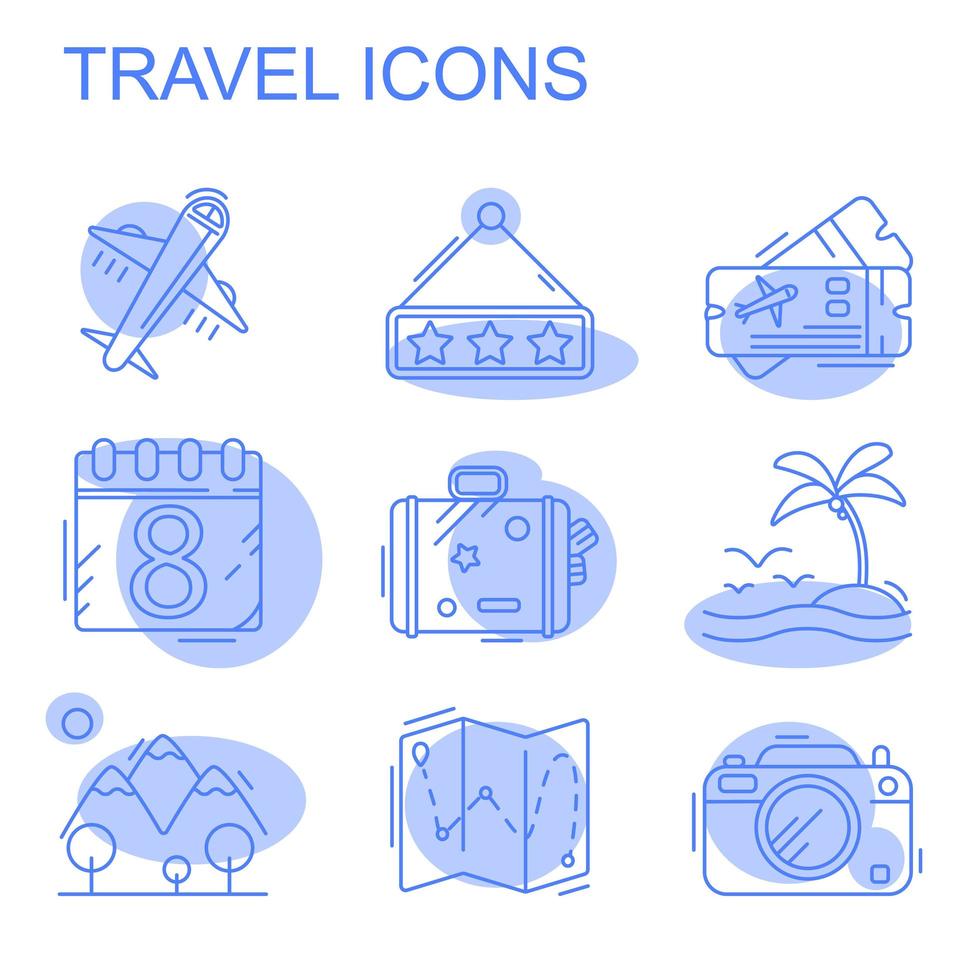 Liniensymbole mit flachen Gestaltungselementen für Flugreisen zum Resorturlaub, Tourenplanung, Erholung, Urlaubsreise für Freizeitaktivitäten. modernes Infografik-Vektorlogo-Piktogramm-Sammlungskonzept. vektor
