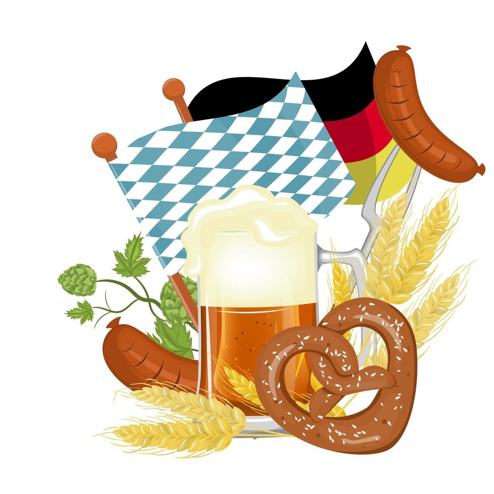 das plakat des oktoberfests, das sprühbier mit brezel und weizen. leckere Würstchen. skizzieren. vektor