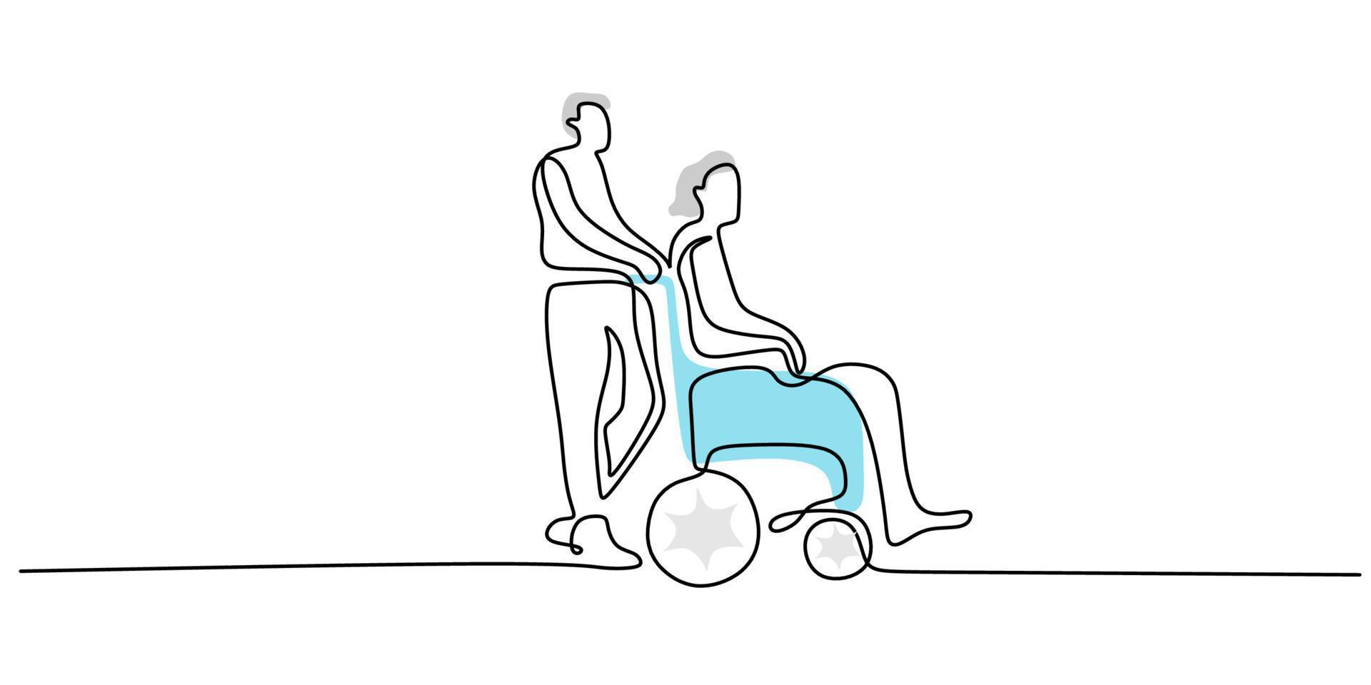 kontinuerlig en enda rad av man som hjälper kvinna på rullstol vektor
