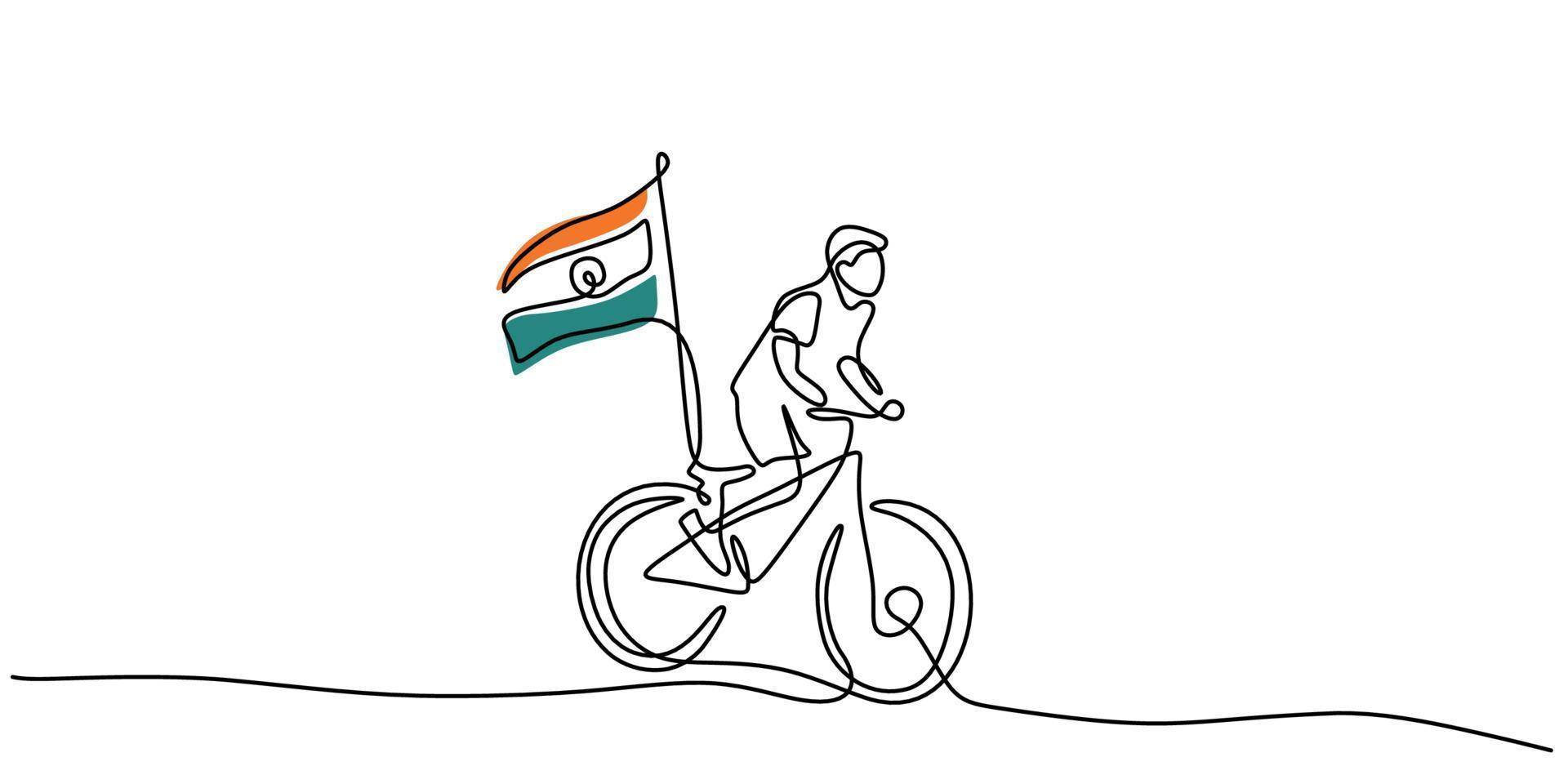 kontinuerlig linje av pojke ta med Indien flagga på cykel för republikens dag vektor