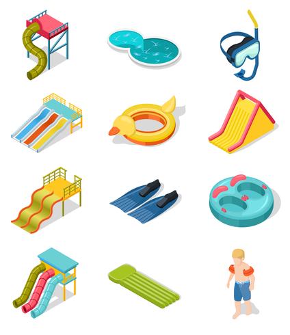 Aqua Park Isometrisk Icon Set vektor