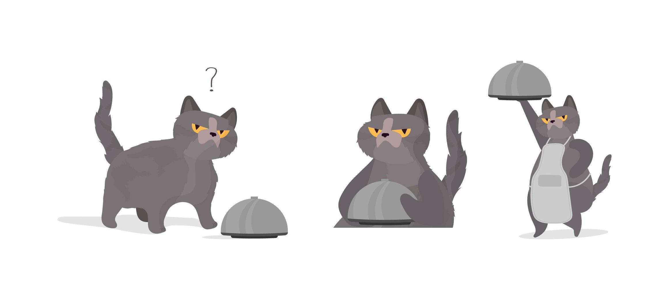 Lustige Katze hält eine Metallschale mit Deckel. eine Katze mit einem komischen Blick. gut für Aufkleber, Karten und T-Shirts. isoliert. Vektor. vektor