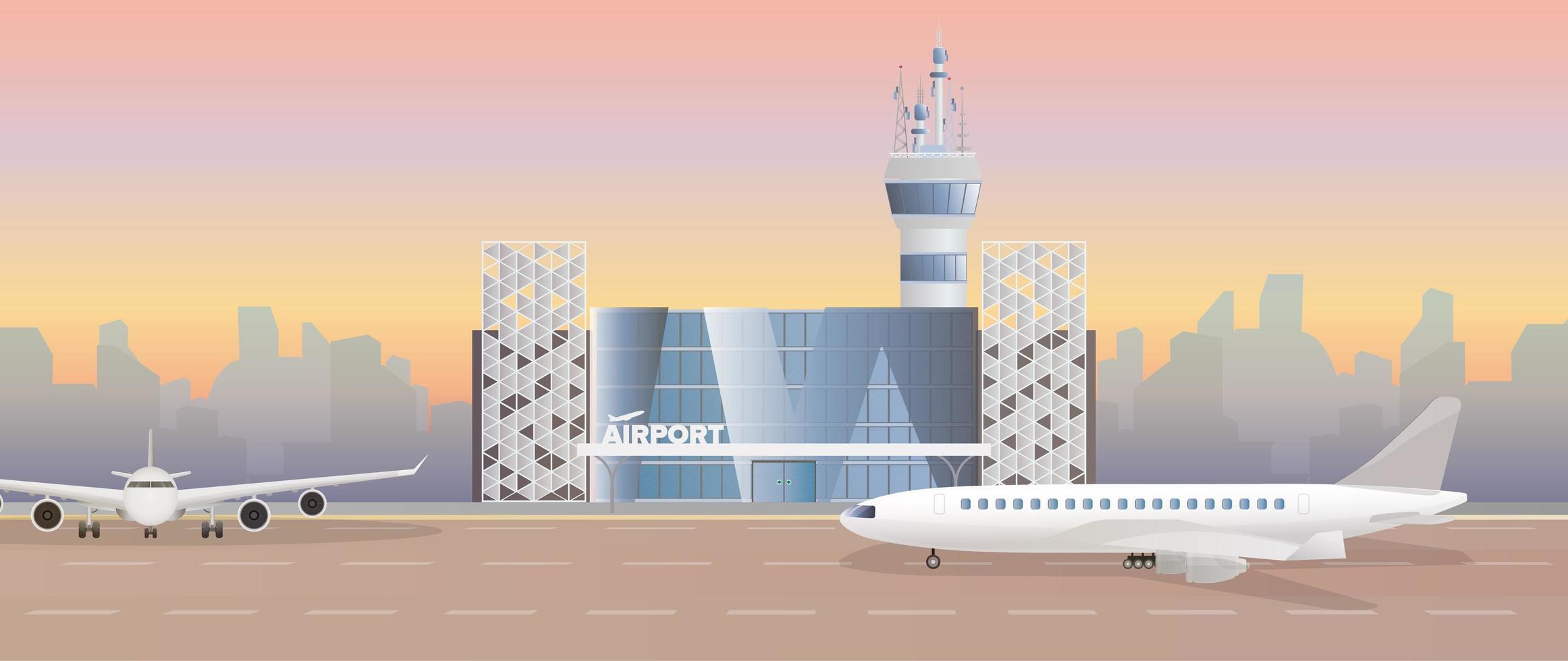 modern flygplats. landningsbanan. flygplan på banan. flygplats i platt stil. stadssiluett. vektor illustration