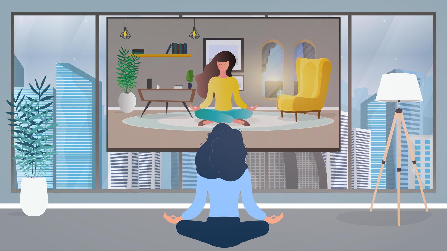 Das Mädchen im Büro beschäftigt sich mit Meditation. Mädchen, das Yoga-Lektion im Fernsehen ansieht. Vektor. vektor