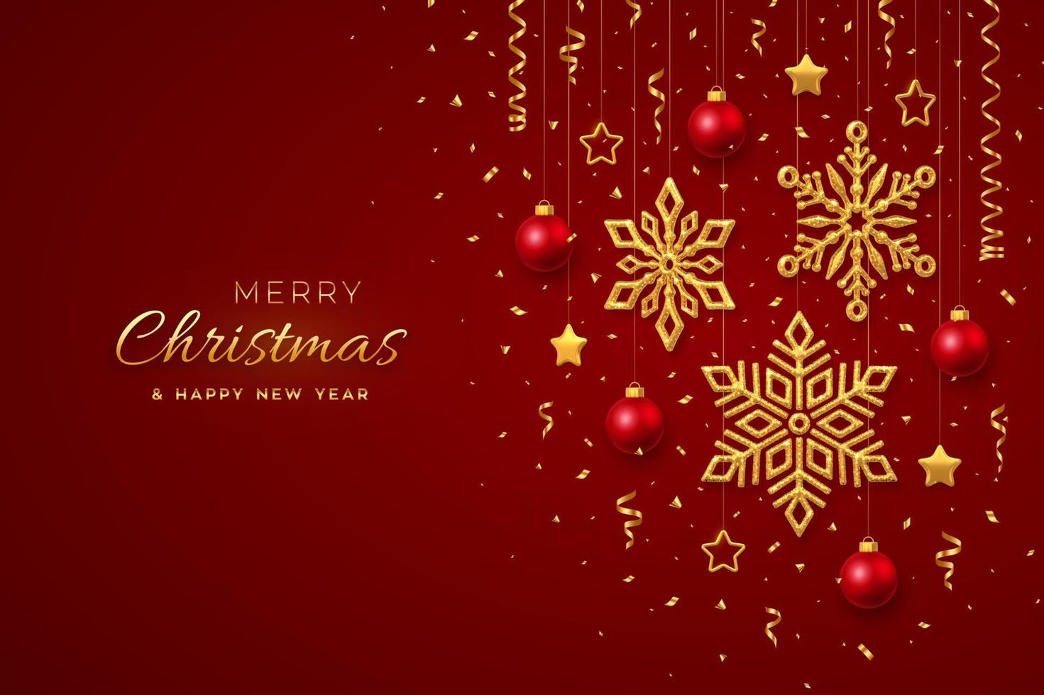 jul röd bakgrund med hängande lysande gyllene snöflingor bollar och stjärnor. god jul gratulationskort. semester xmas och nyår affisch, webbbanner. vektor illustration.
