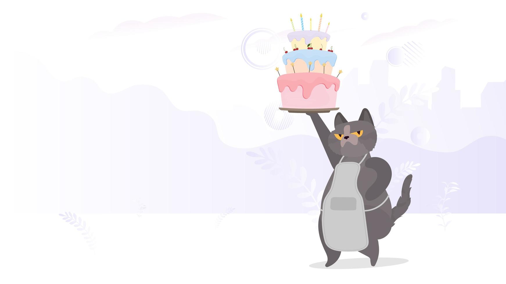 Lustige Katze hält einen festlichen Cupcake. Süßigkeiten mit Sahne, Muffin, festliches Dessert, Süßwaren. gut für alles Gute zum Geburtstagskarten. Vektor flacher Stil.
