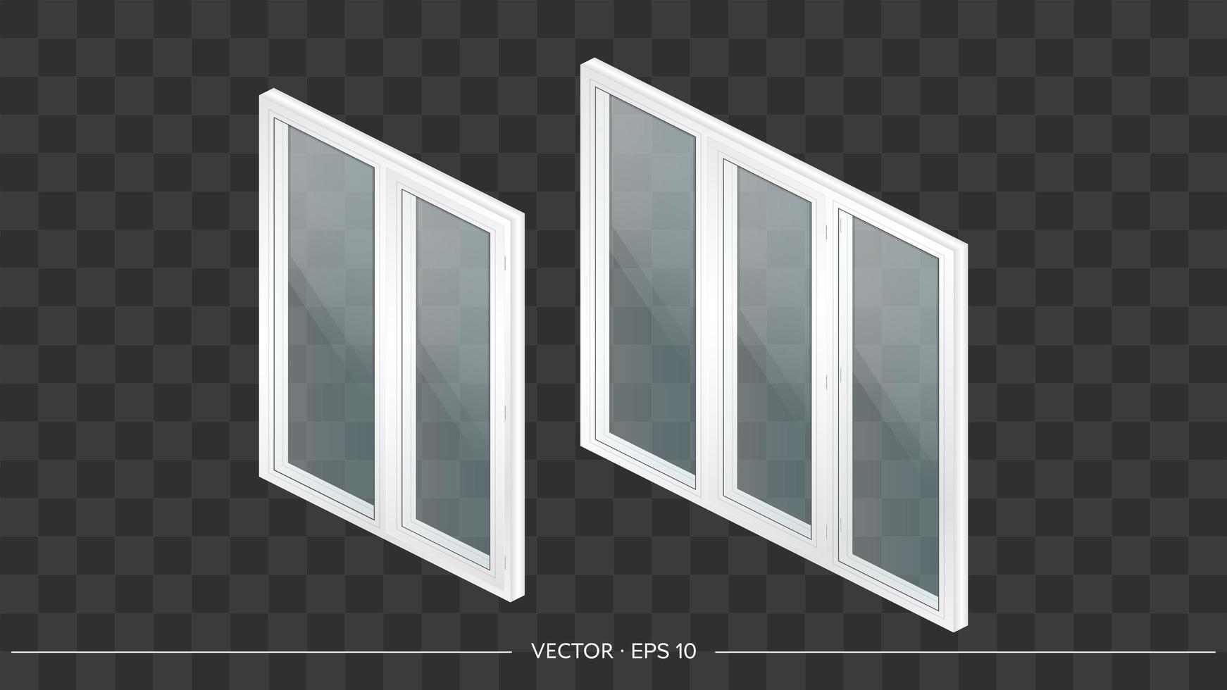 uppsättning vita metall-plastfönster med genomskinliga glasögon i 3d. modernt fönster i realistisk stil. isometri, vektor illustration.