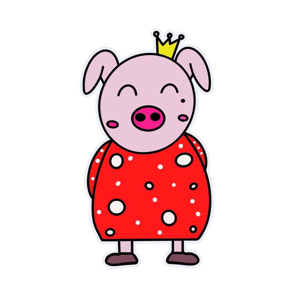 lustiges Schwein in einem roten Kleid. Ferkel mit einer Krone. geeignet für Postkarten, Sticker, T-Shirts und Kinderbücher. isoliert, Vektor. vektor