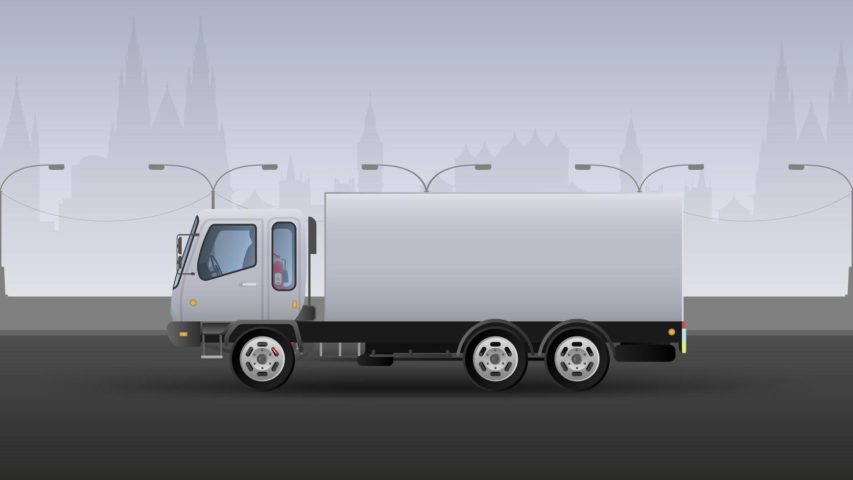 lastbil för snabb leverans. realistisk komposition i vita och gråa toner. stadens bakgrund. vektor illustration.