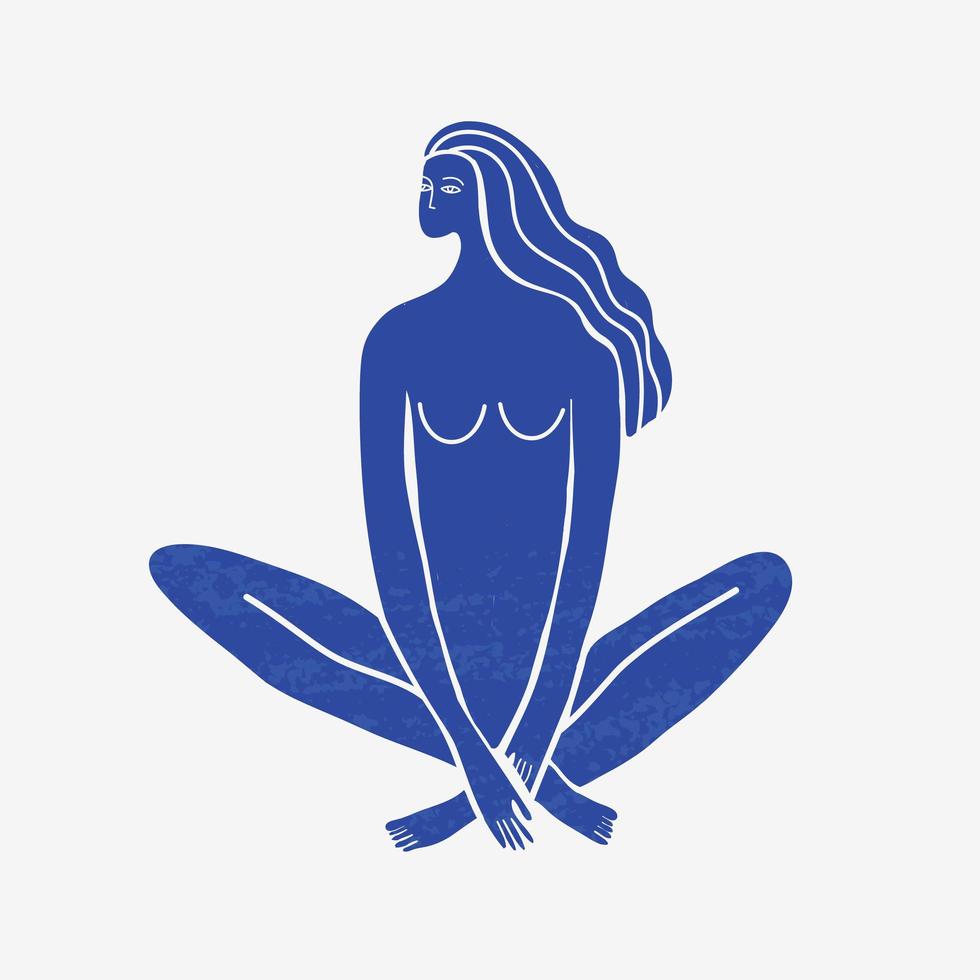 Vektor abstrakte Frau sitzt, Meditation, langes Haar, blaue strukturierte Silhouette. Matisse stilisiert. weibliches Konzept, Kunstillustration. Poster, Print für T-Shirt, Designelement für Beauty-Produkte