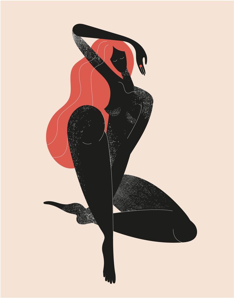 vektor stiliserade kvinna sitter, långt hår, svart texturerad siluett med linje. feminina koncept, konst illustration. använd som affisch, tryck för t-shirt, designelement för skönhetsprodukter