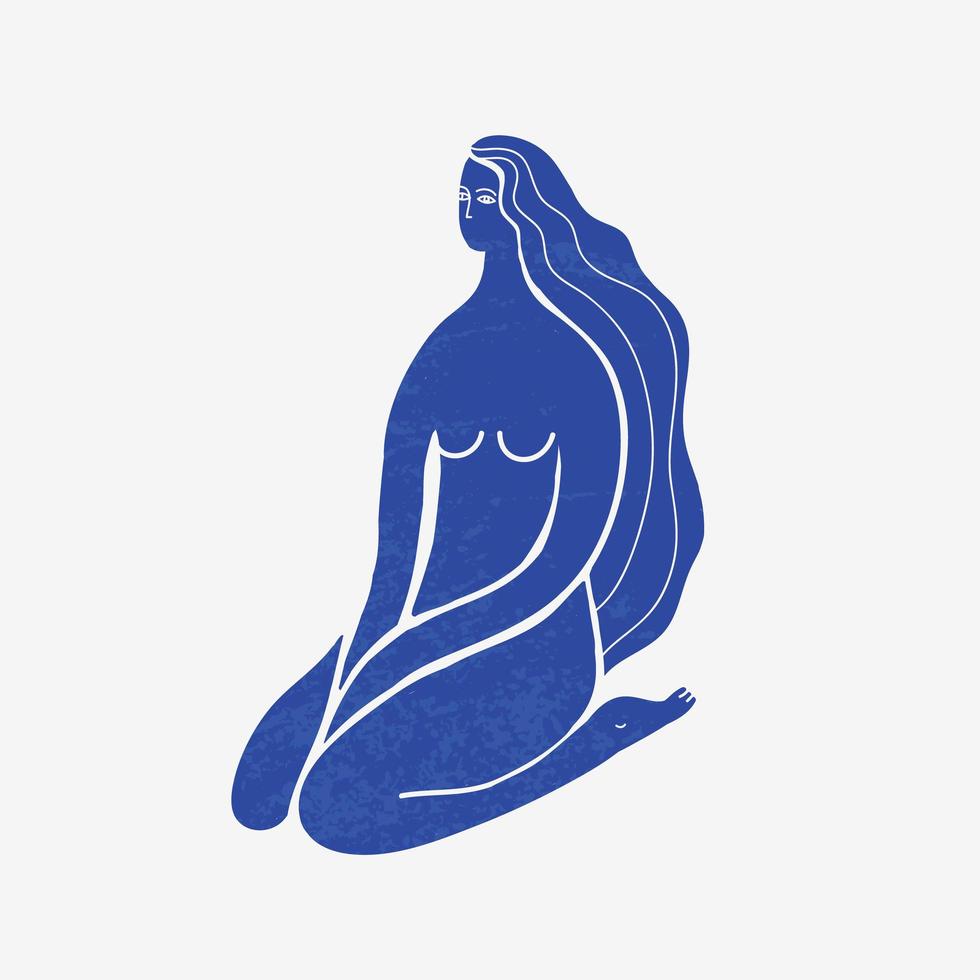 Vektor abstrakte Frau sitzt, lange Haare, blaue strukturierte Silhouette. Matisse stilisiert. weibliches Konzept, Kunstillustration. Verwendung als Poster, Druck für T-Shirts, Gestaltungselement für Schönheitsprodukte