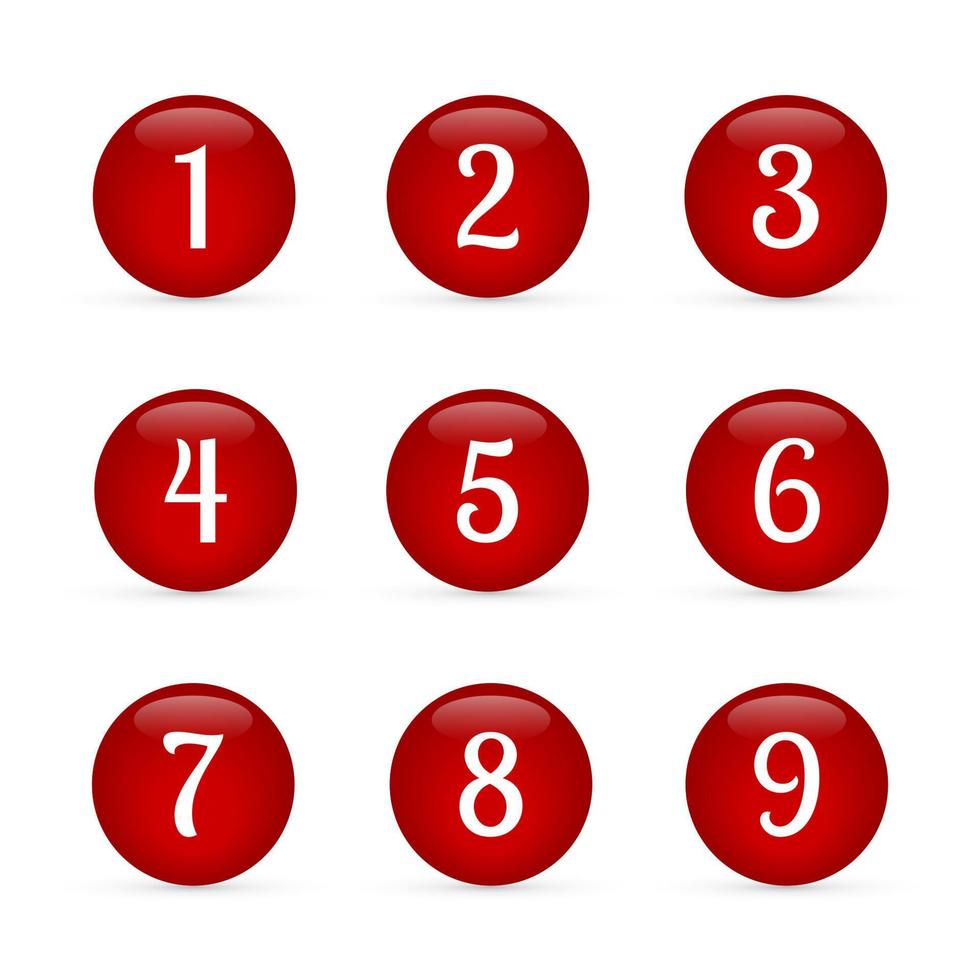 uppsättning av blanka runda knappar med siffror från 1 till 9. röda glasknappar isolerade på vitt. numrerade märken vektor ikoner. 3D-nycklar för webbplatser och mobilapplikationer.