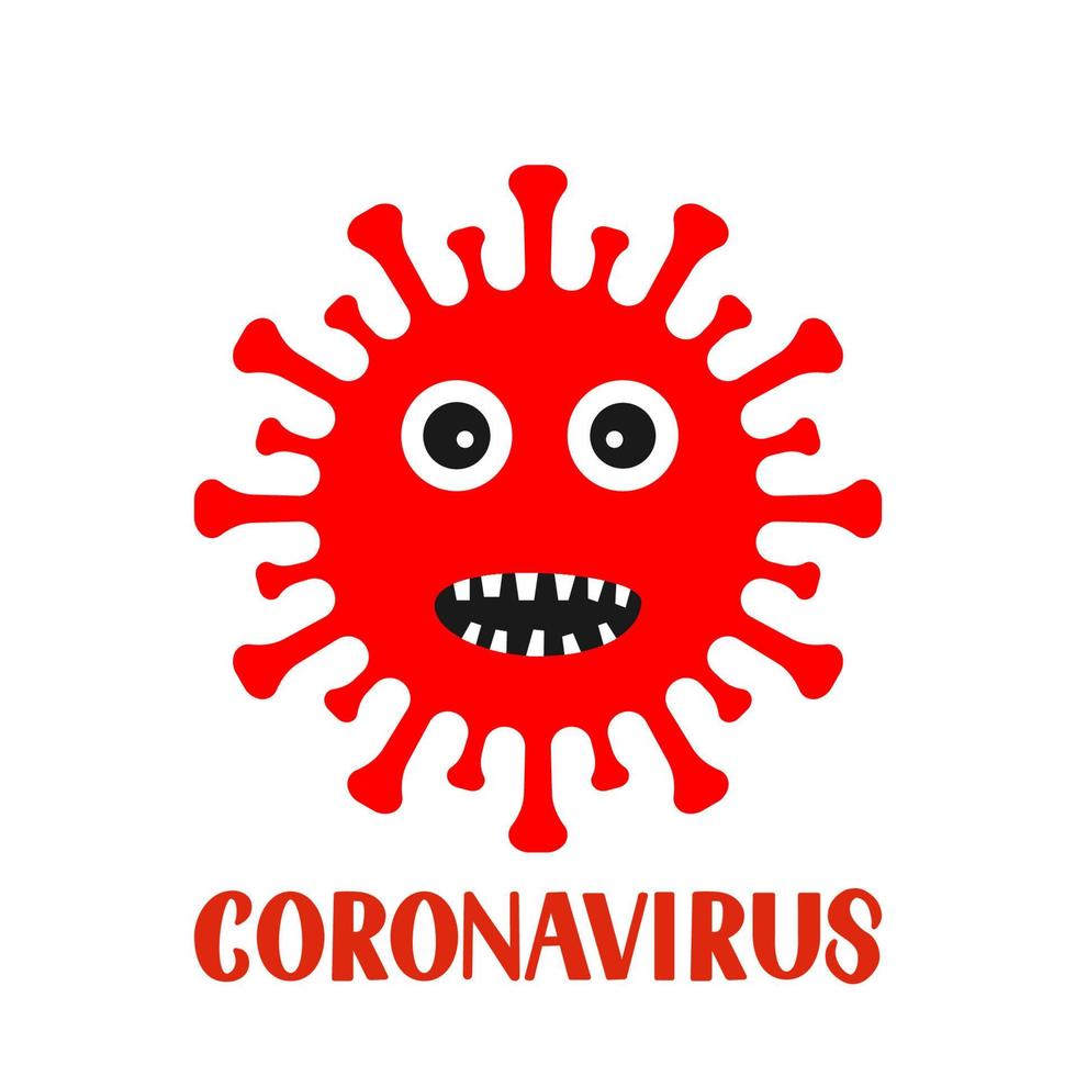 Corona-Virus-Cartoon-Figur und Schriftzug isoliert auf weißem Hintergrund. Erreger respiratorisches Coronavirus 2019-ncov aus Wuhan, China. Vektorvorlage für Typografie-Poster, Banner, Flyer usw. vektor