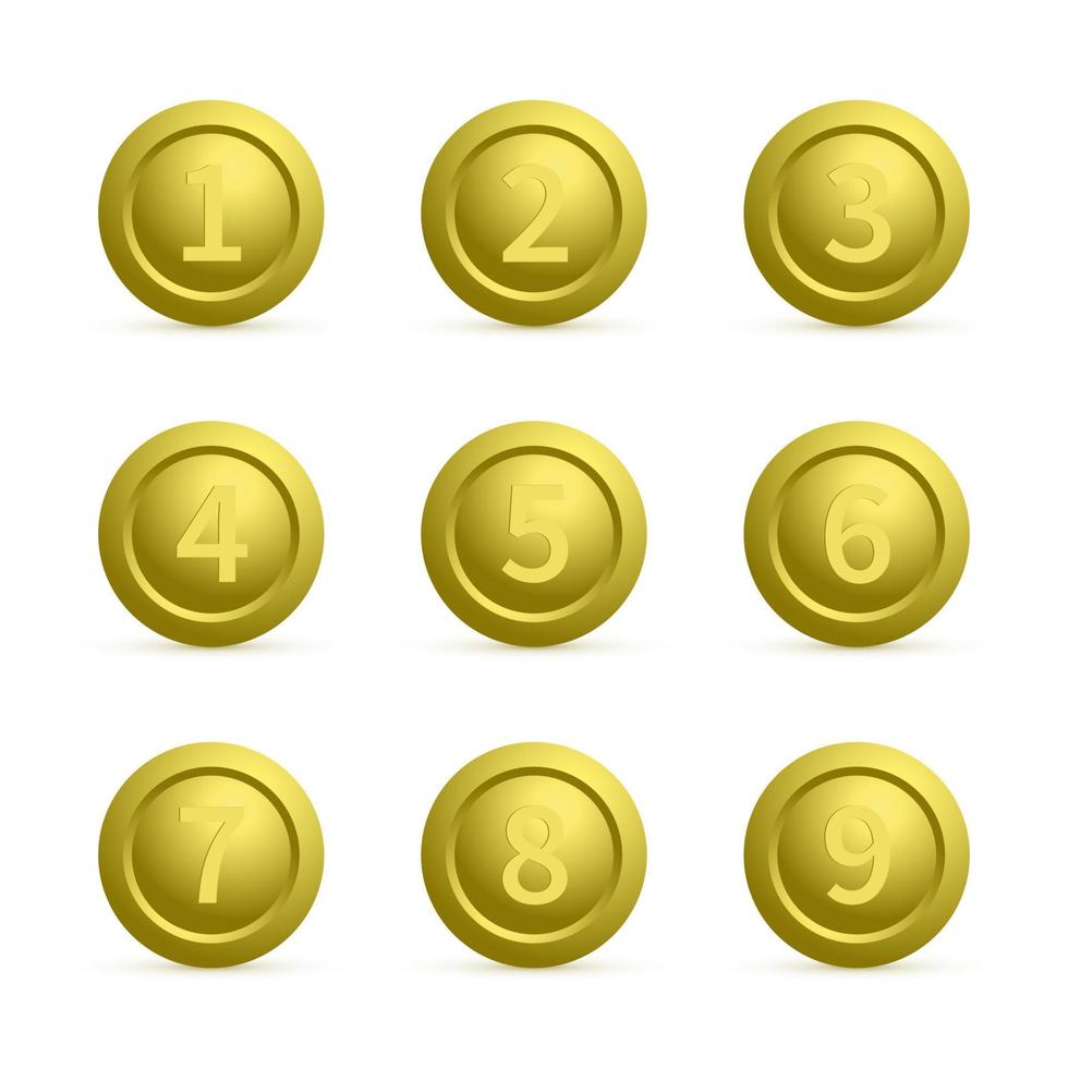 Set aus goldenen runden Knöpfen mit Zahlen von 1 bis 9 mit Schatten. goldene Knöpfe, isoliert auf weiss. nummerierte Abzeichen-Vektor-Icons. 3D-Schlüssel für Websites und mobile Anwendungen vektor