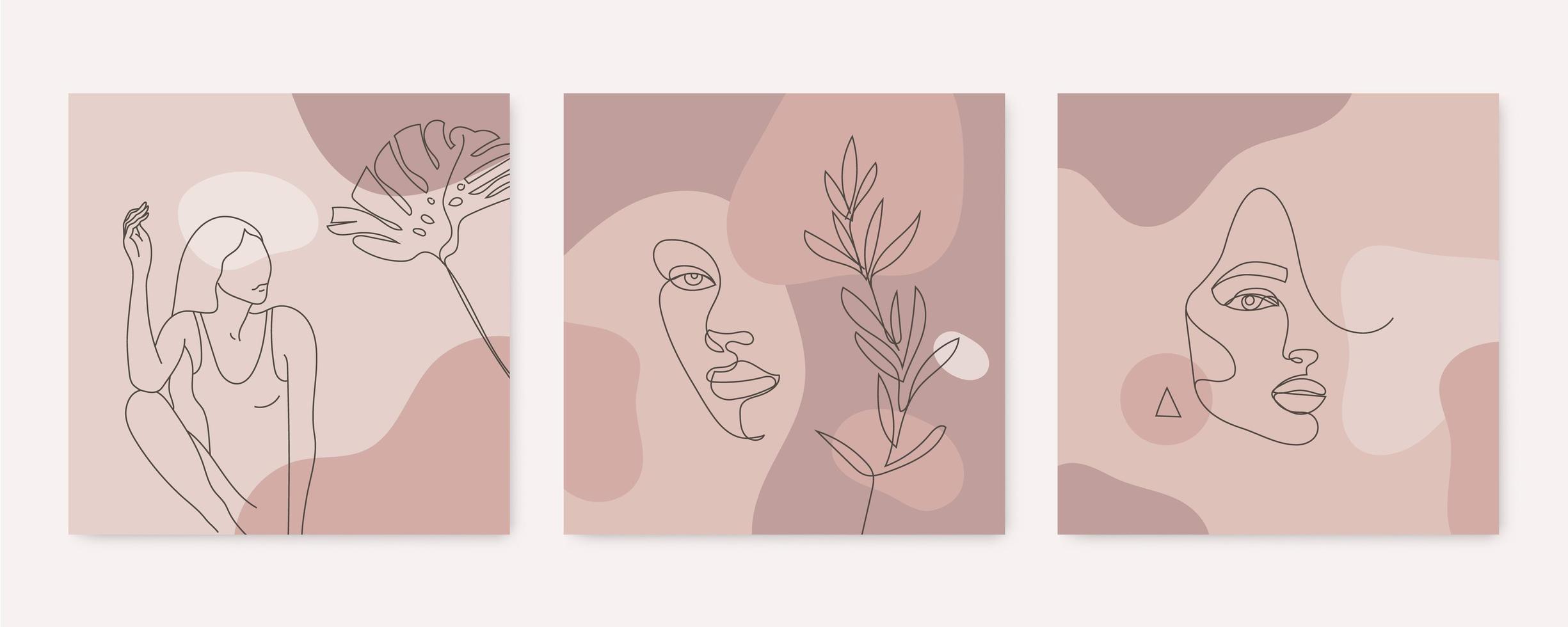 Vektorschönheitshintergründe, Social-Media-Geschichten, Post-Feed-Layouts. Reihe von Illustrationen mit einem durchgehenden Frauengesicht, Körper und Blättern. zeitgenössische Collage mit Spots, quadratisch vektor