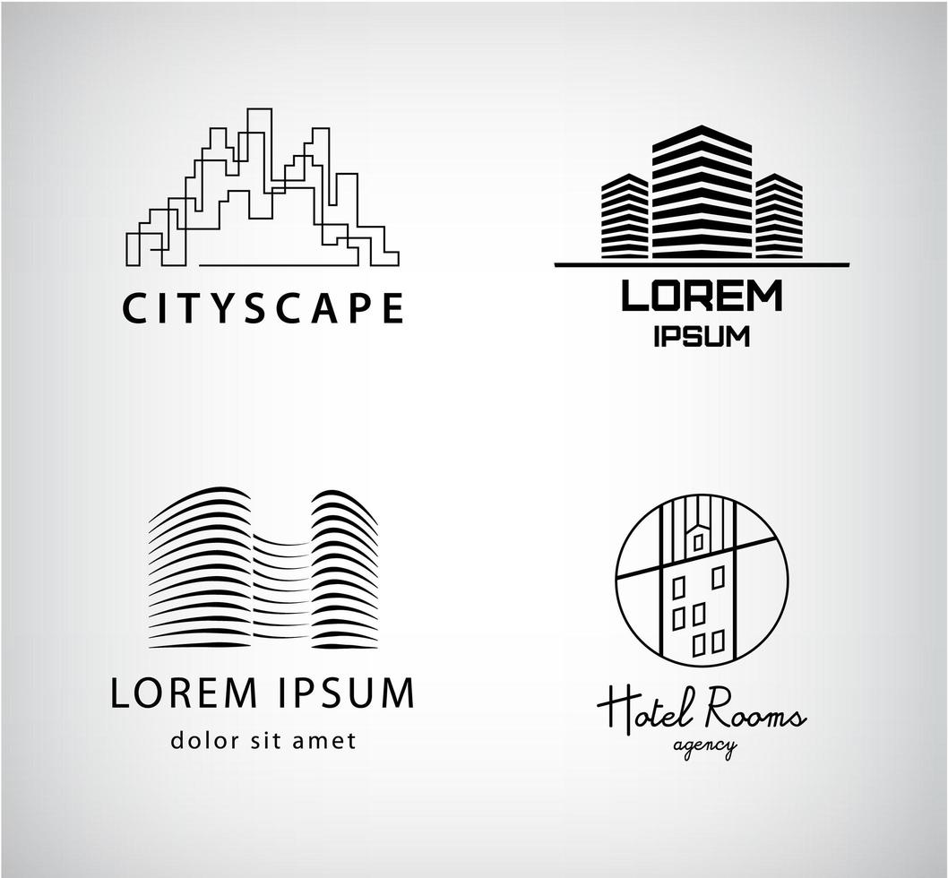 vektor uppsättning siluett logotyper stad, arkitektur, kontorsbyggnad, fastigheter.