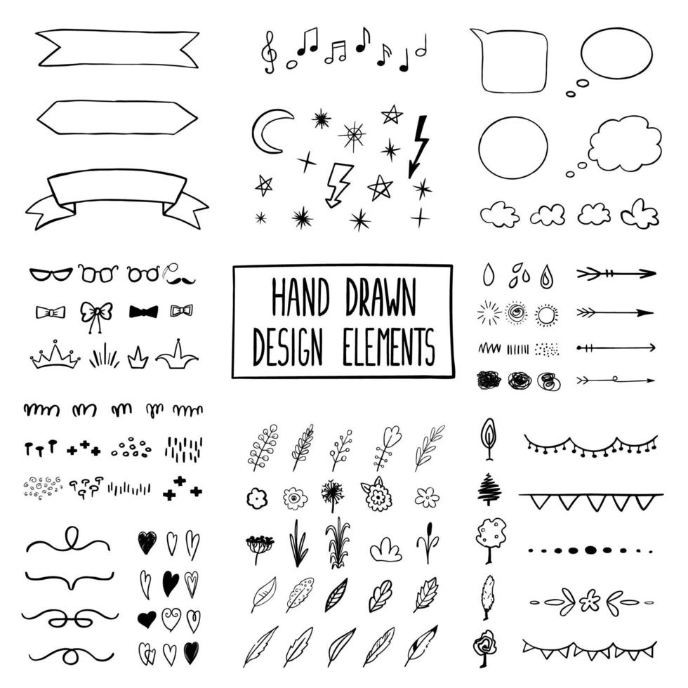 Modernes Schwarz-Weiß-Set mit Handzeichnungs-Doodle-Illustrationen. kann als Elemente für Ihr Design für Grußkarten, Kinderzimmer, Poster, Karten, Geburtstagsfeiern, Verpackungspapierdesign verwendet werden vektor