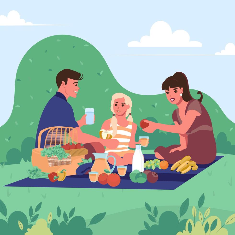 familj på picknick i parken. platt vektorillustration av frukost utomhus vektor