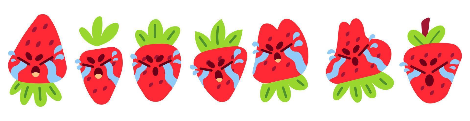 Sammlung von süßen flachen Erdbeeren, die Emoticons weinen vektor