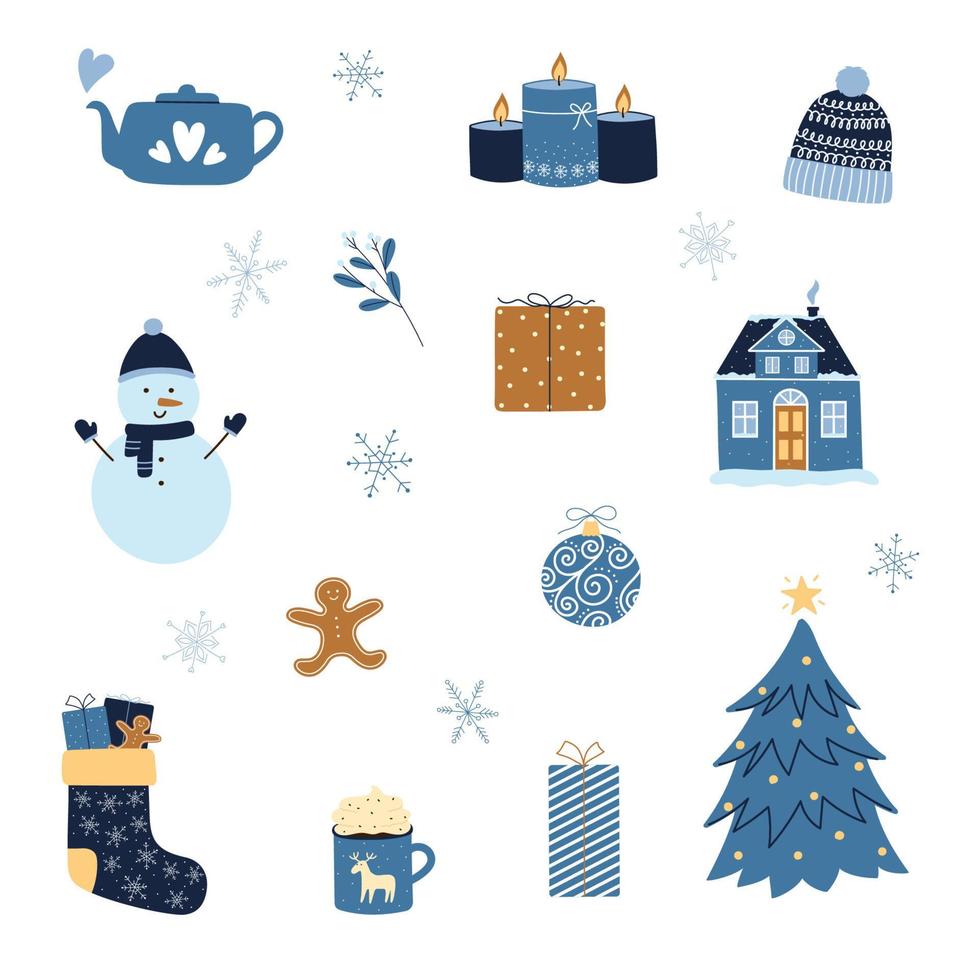 Weihnachtskollektion. süße Winterelemente in blauen und braunen Farben. isolierte Vektorillustration vektor