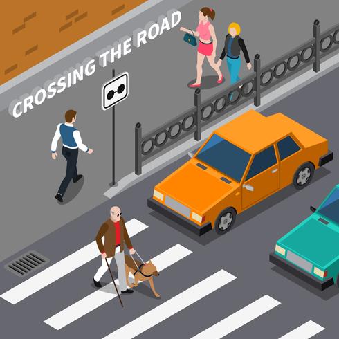 Isometrische Illustration blinder Person On Crosswalk vektor